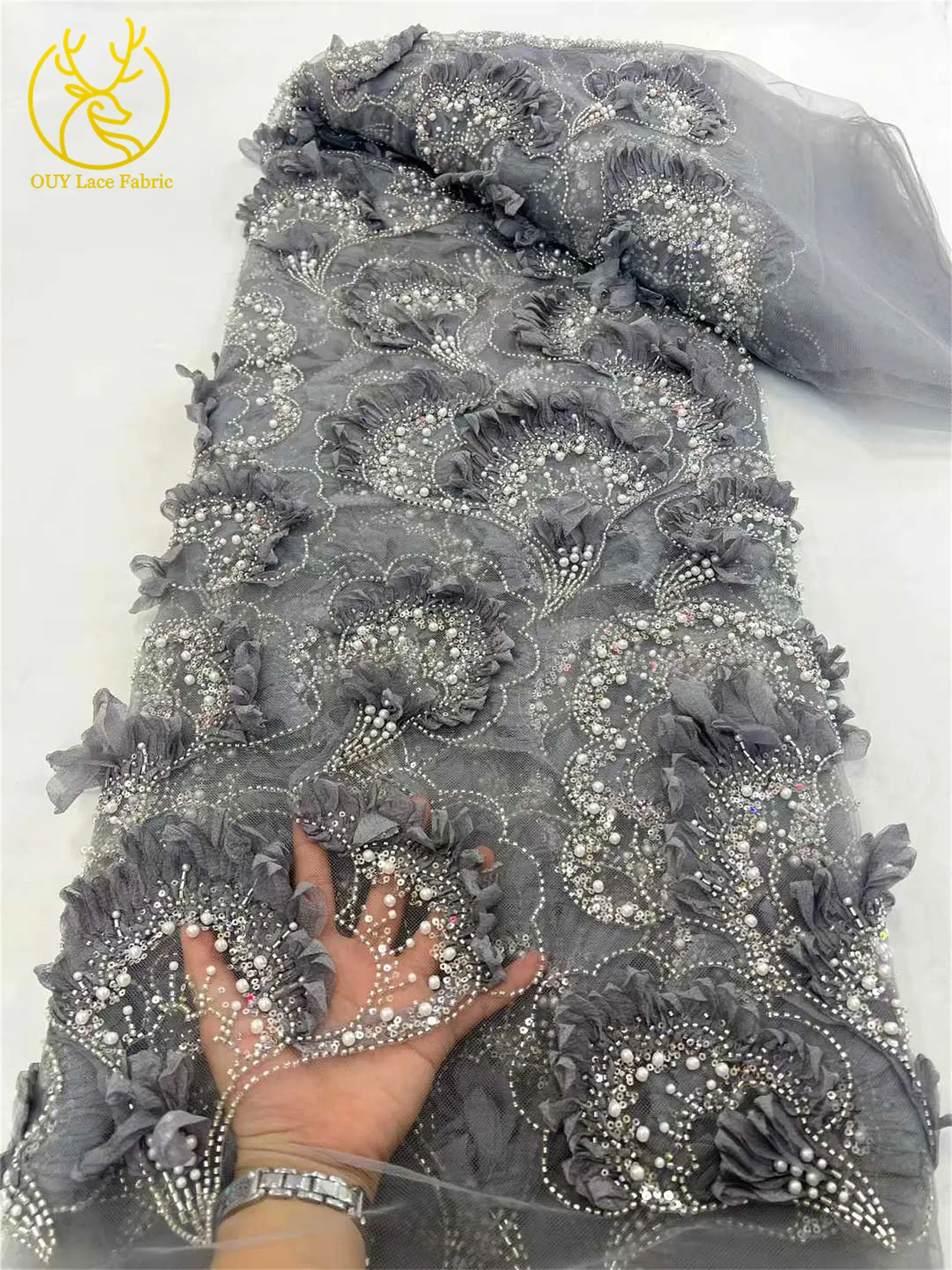 3D Neueste Elegante Afrikanische Spitze 2026 Hochwertige Französische Tüllspitze Nigeria Perlen-Pailletten-Spitzenstoff für Hochzeitskleider – Detail 11