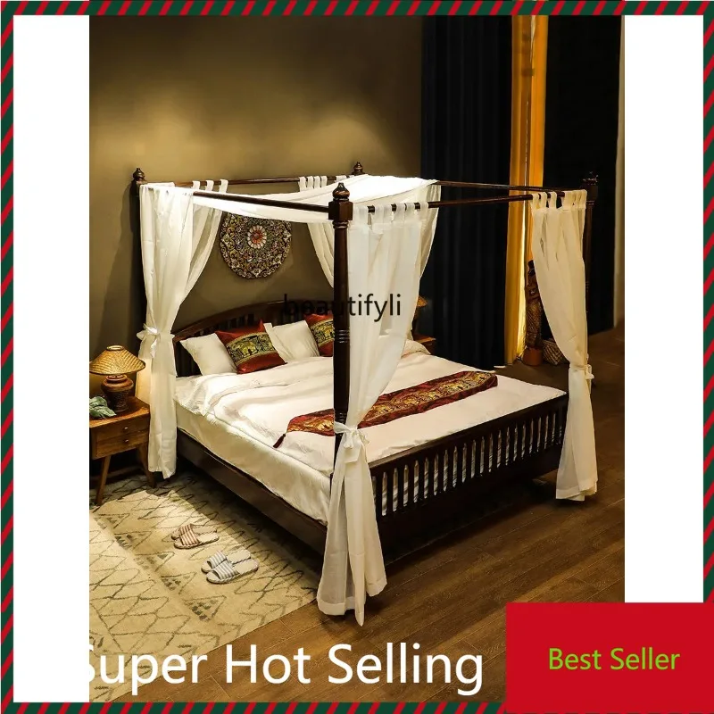 QQ132 Elm Carved Bed Retro Domestic Master Bedroom Double Bed Marriage Bed Thai Furniture