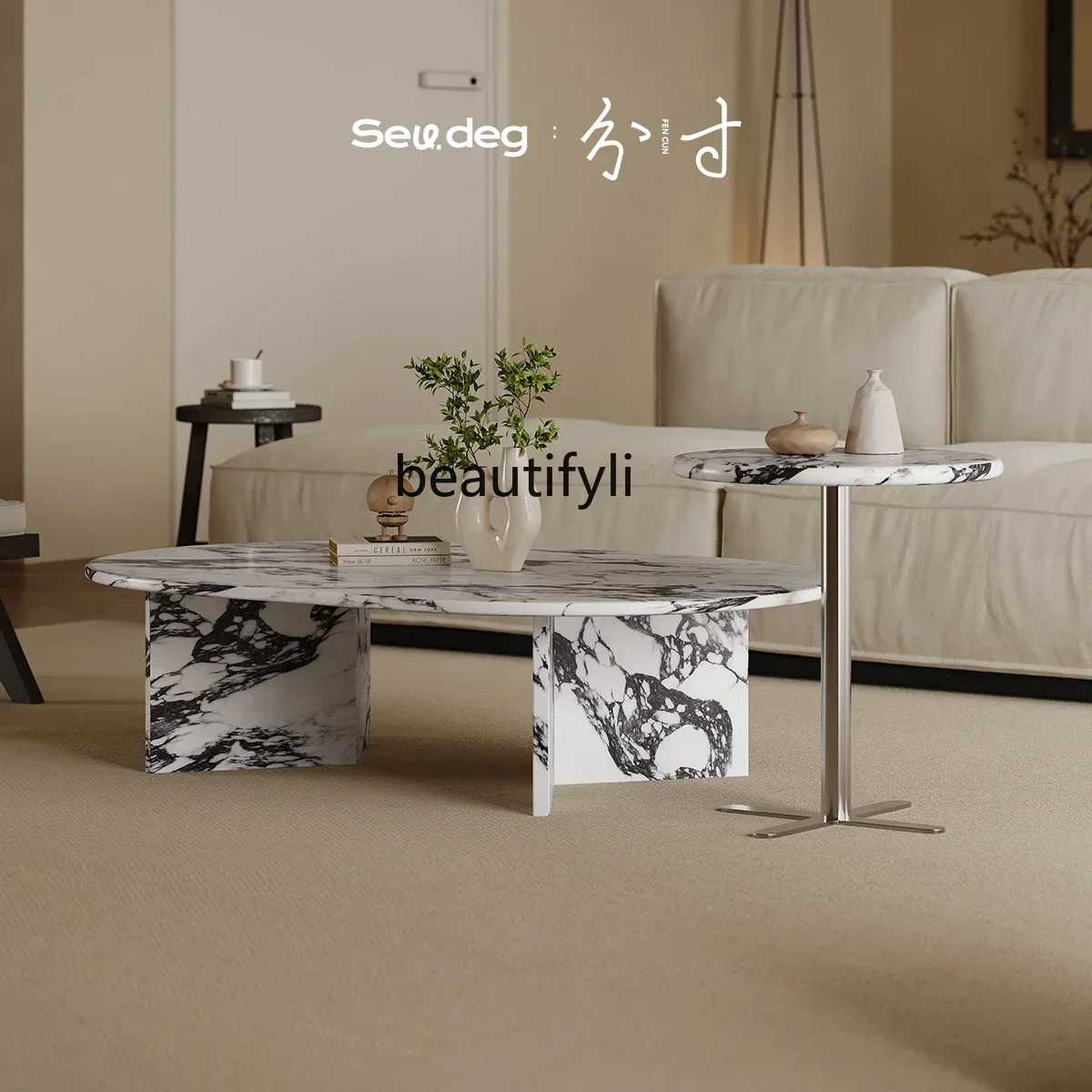 

Asmt52 Italian style, marble coffee table living room household small apartment, modern, oval coffee table