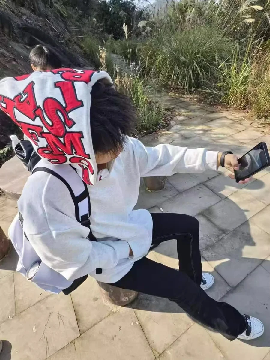 American High Street Trendy Brand Patchwork Embroidered Letter Print Loose Long Sve Hoodie Autumn Winter Outerwear Top