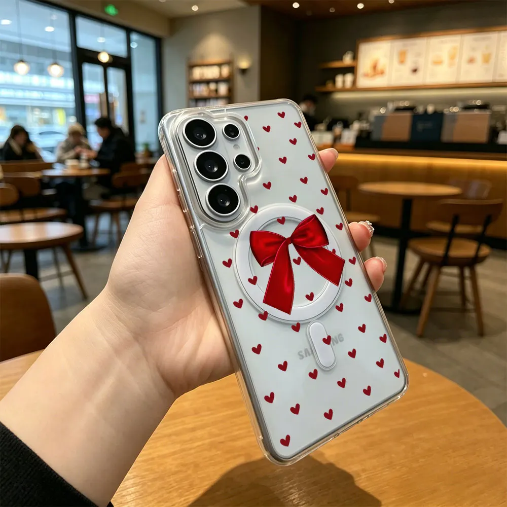 Clear Magnetic Phone Case for Samsung Galaxy S26 S25 S24 S23 S22 S21 Note 20 Ultra 10 Plus FE Red Bowknot Print Shockproof Cover