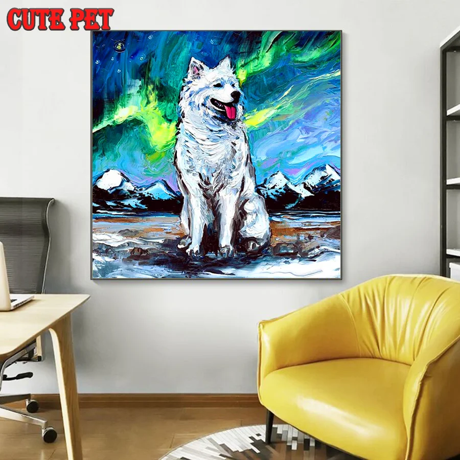 animal dog DIY diamond painting cross stitch full mosaic embroidery Oil in watercolor 5D handmade gift Samoyed home decoration