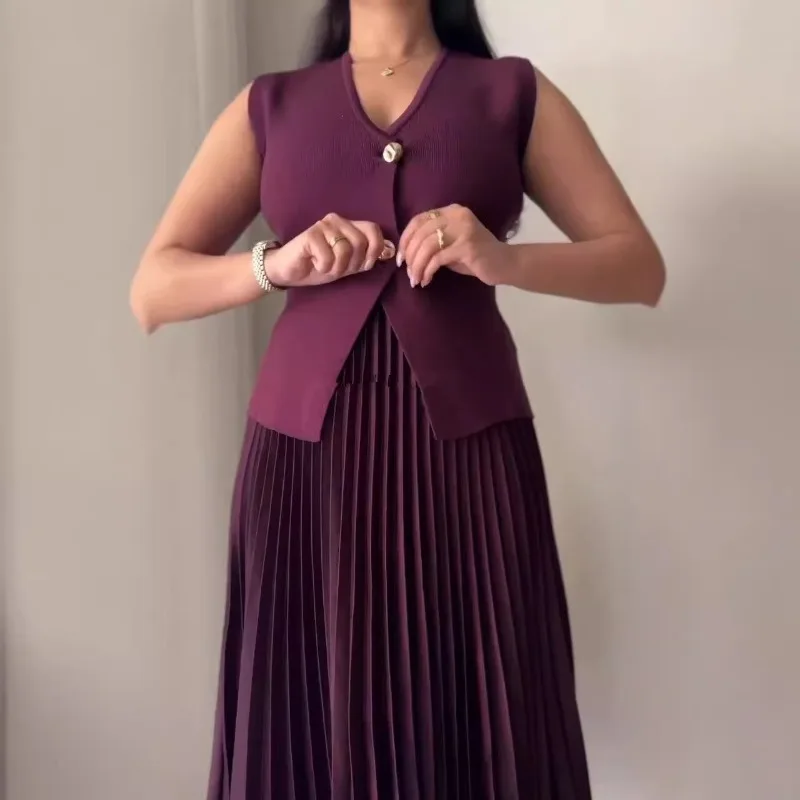 

Elegant Office Lady 2 Piece Set Women Solid Vest Long Pleated Skirts Matching Set 2025 Summer New Popular Workout Activewears
