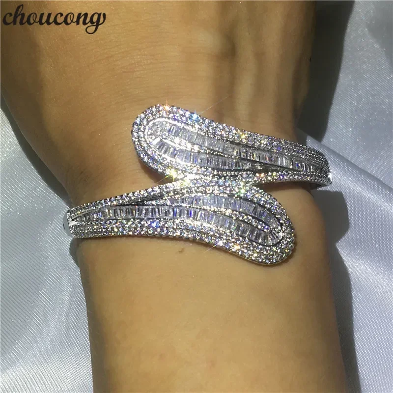 Luxury jewelry 5A cubic zirconia T shape stone Baguette bracelet shinning bangle White Gold Filled women wedding accessaries