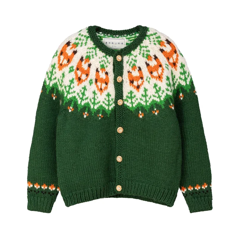 102-106cm Bust Green Cardigans Fall Winter Women Fair Isle Nordic Handknit Vintage Handmade Thick Warm 100% Wool Sweaters Coats