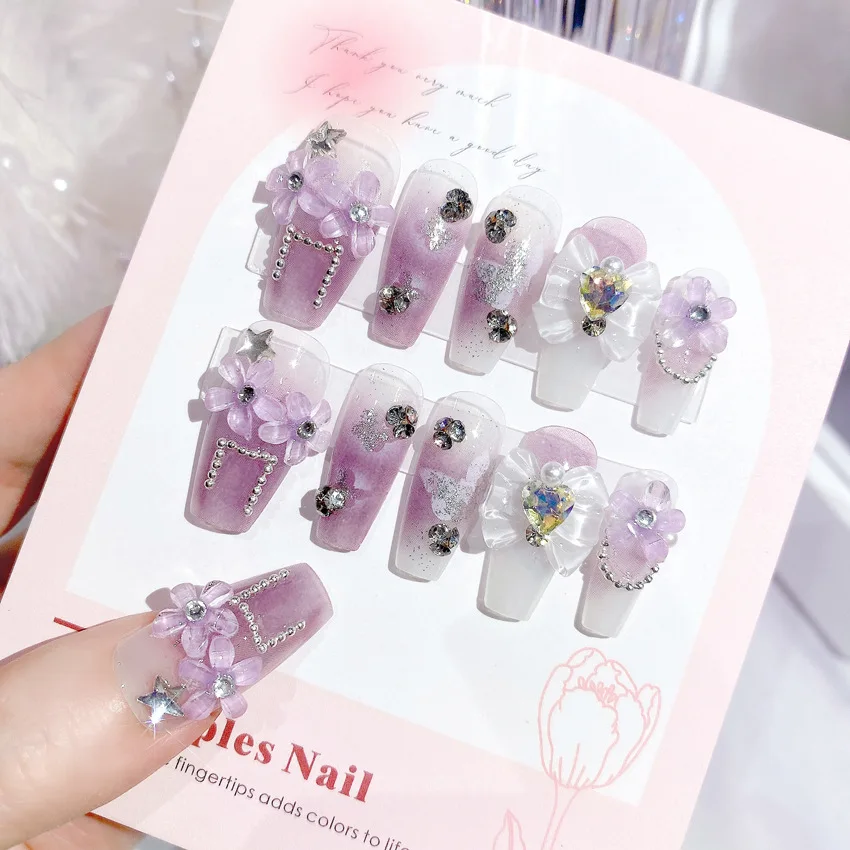 Fairy Flower Fake Nails with White Bow Crystal Design Korean Sweet Style Fake Nails for Lady Girls Artificial Nails Handmade