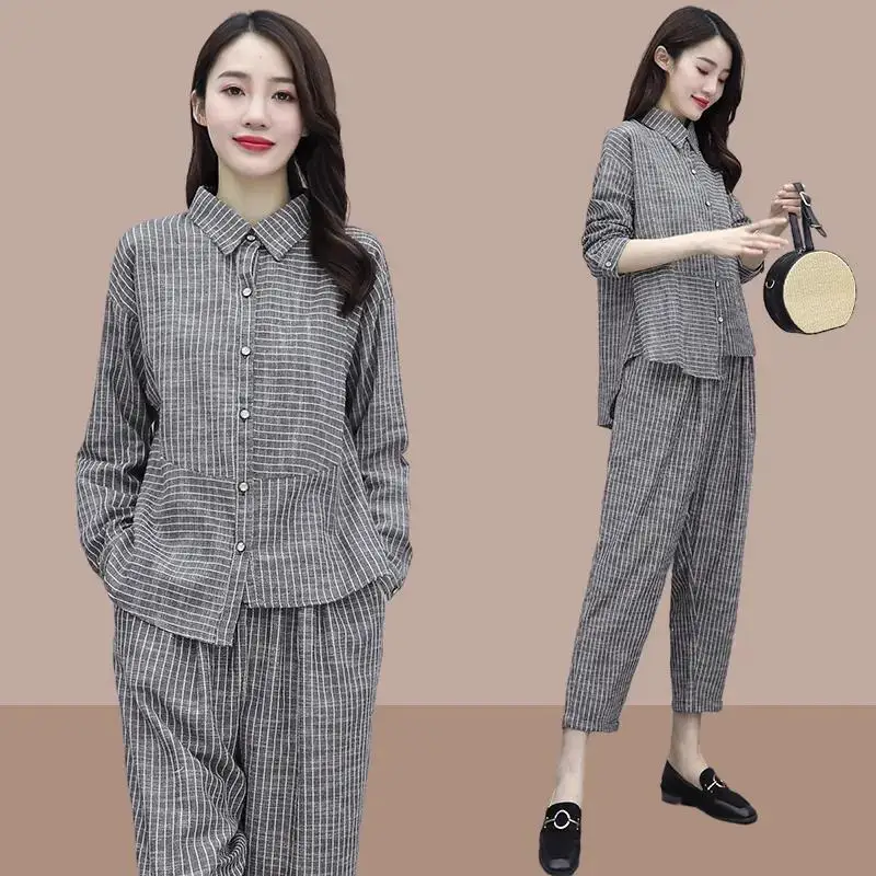 

Casual Pants Suits Female 2024 Spring New Two-piece Set Womens Outfits Fashion Cotton Linen Clothing Femme Mujer E260