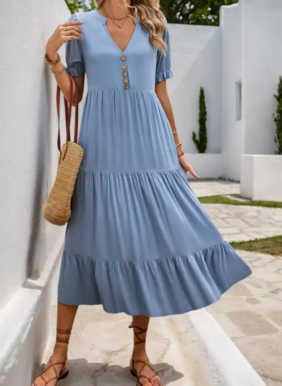 

Women's Dress Summer Classic Elegant Casual Solid Color Simple V-Neck Bubble Sleeve Button Design Short Sleeved Loose Long Dress