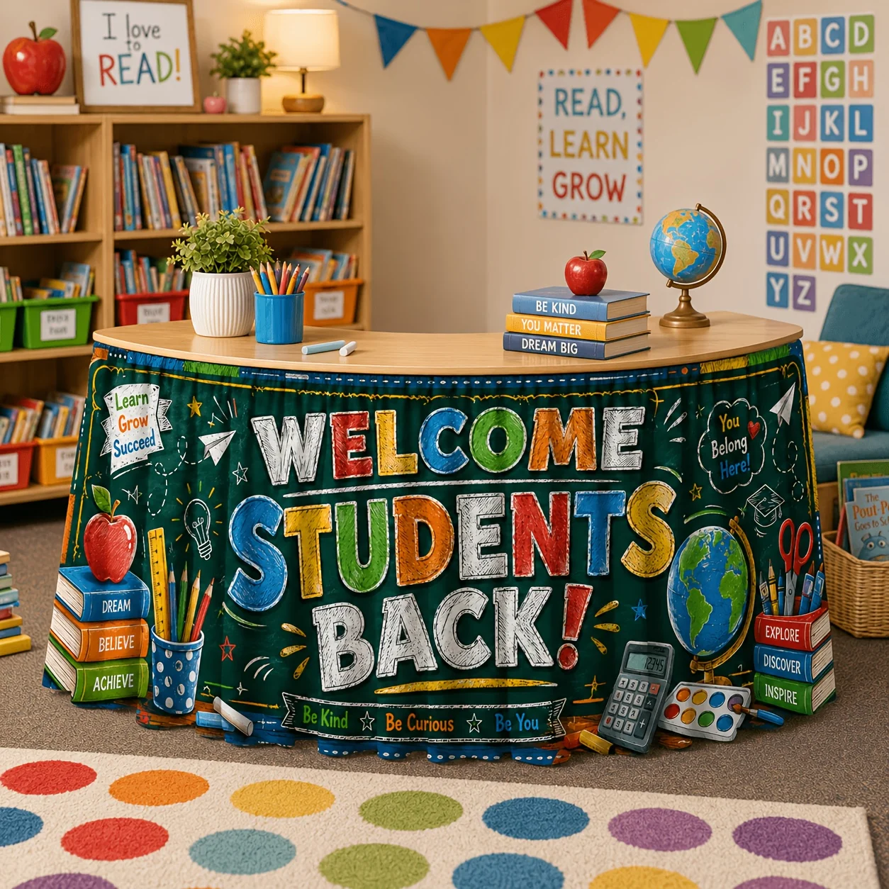 Send a set of table skirts (1 piece) with a school theme blackboard print design.