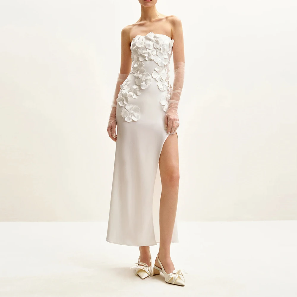 

Customized White Flowers Prom Dress Strapless Ankle-Length Straight Slit Dress Formal Ocassion Wedding Evening Party Dress