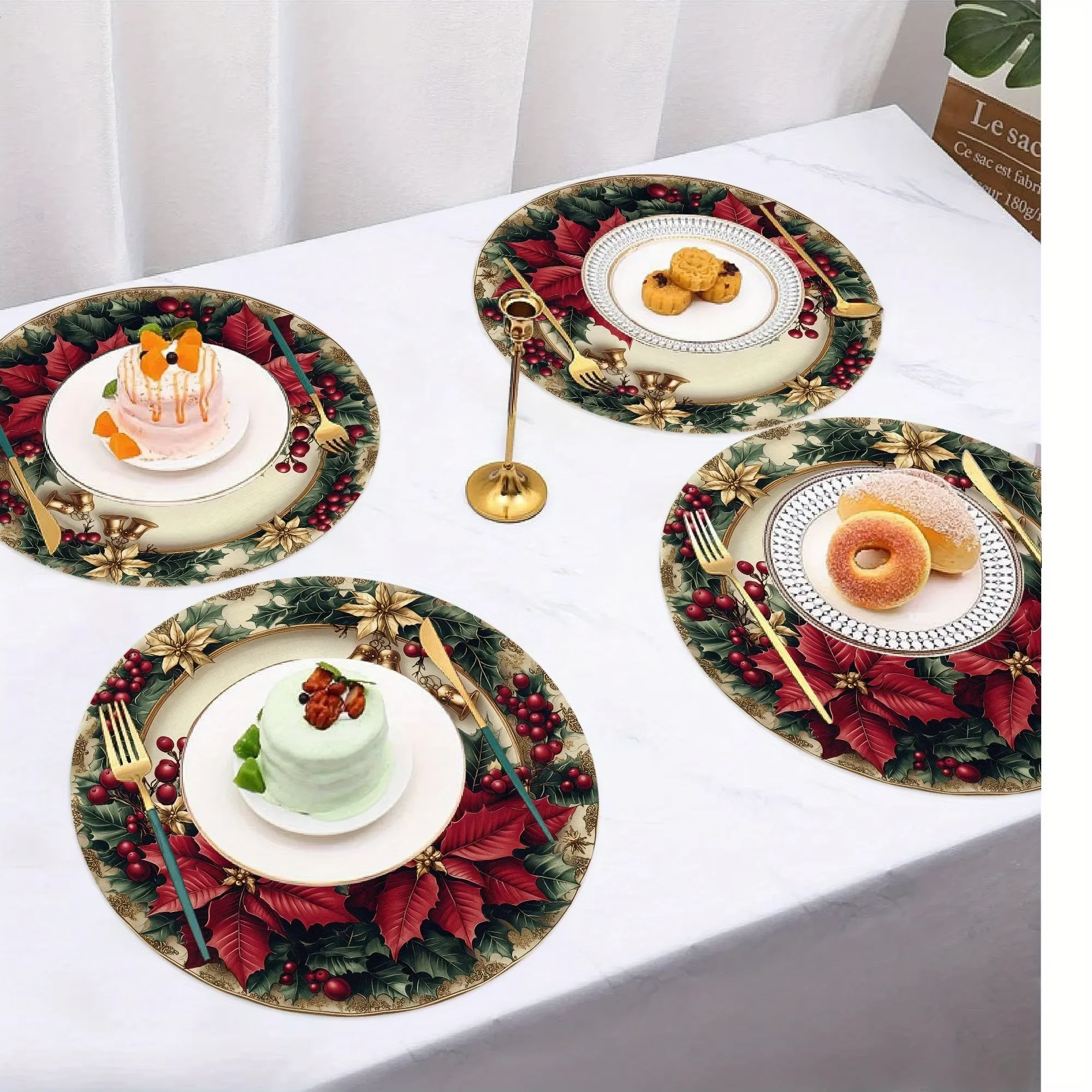 VIKAMA 4-teilige Weihnachtsstern-Tischsets mit goldenem Rand, Urlaubsversammlung, Familie, Esstisch, Dekoration, Zubehör, Party-Dekoration