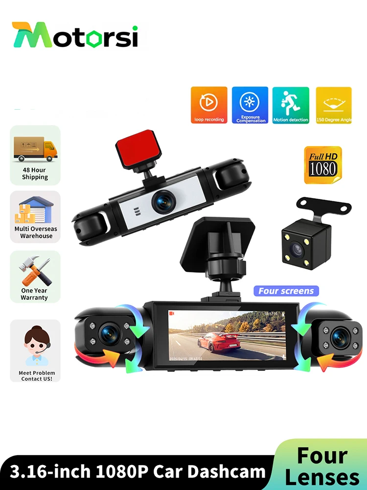 Caméra embarquée Motorsi 3,16 pouces à quatre objectifs avec enregistrement en boucle, vision nocturne et prise en charge de la caméra avant, arrière et latérale 480P