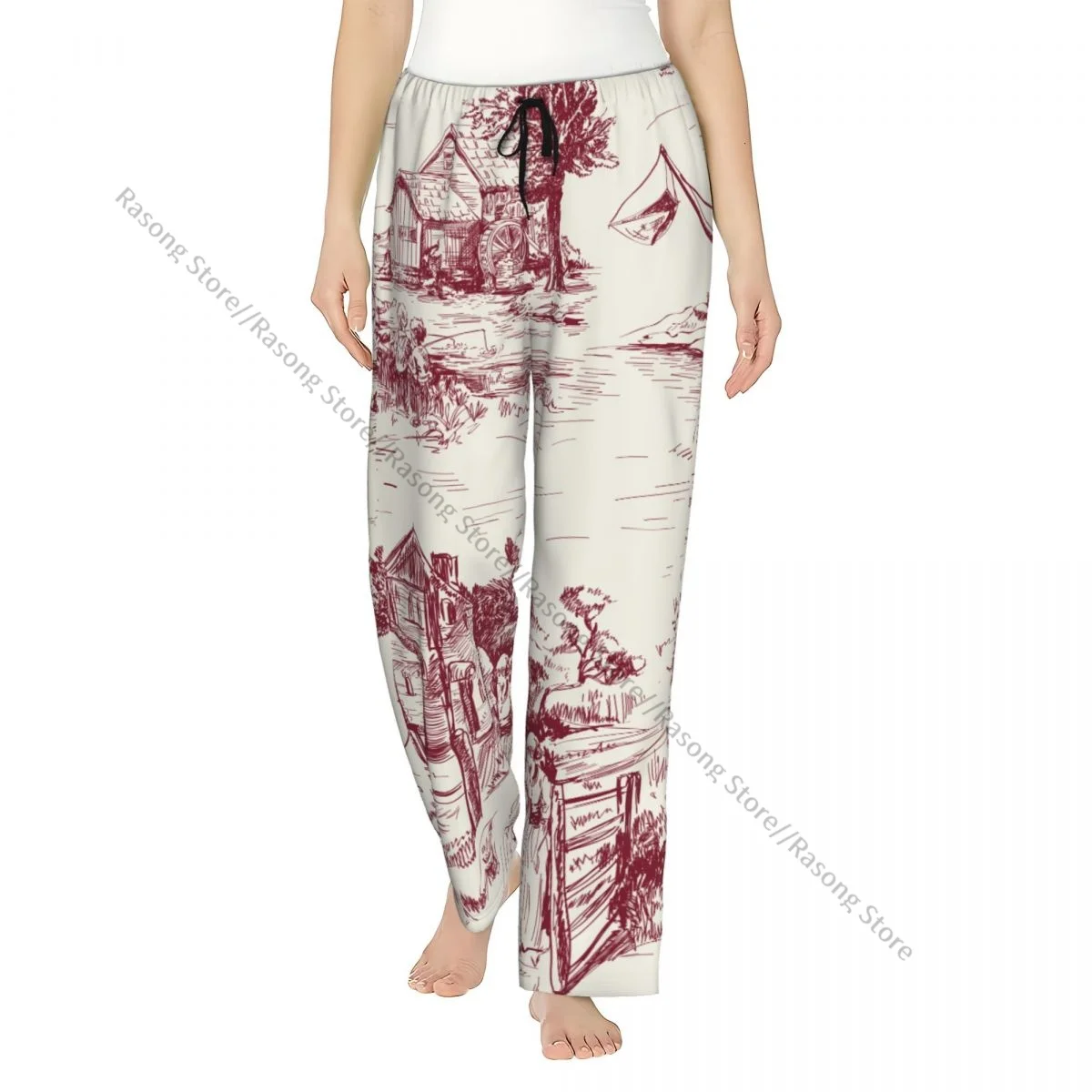 

Classic French Town Toile White And Red Color Women Sleep Pants Warm Flannel Lounge Pants for Winter Nights