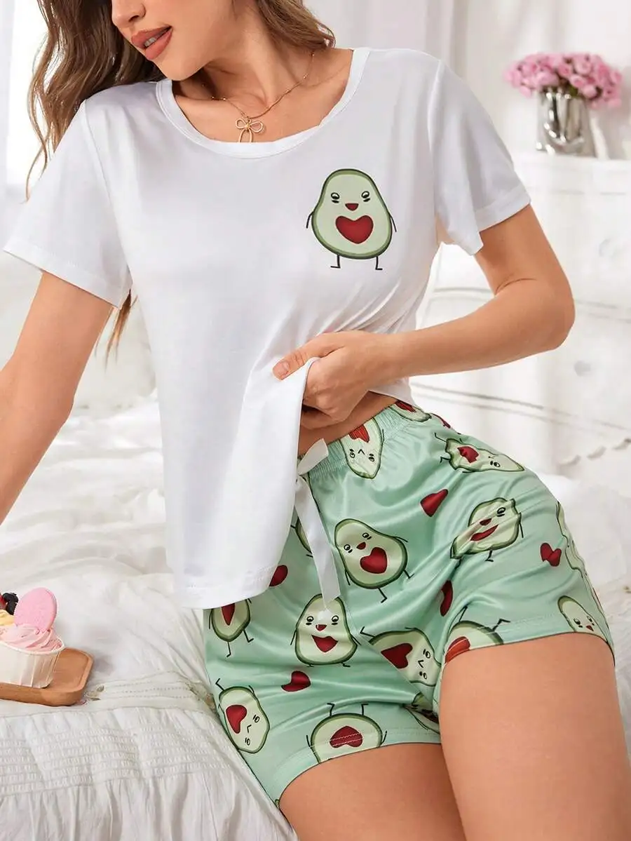 

Womens Cute Avocado Print Short Sleeve Pajama Shorts Set