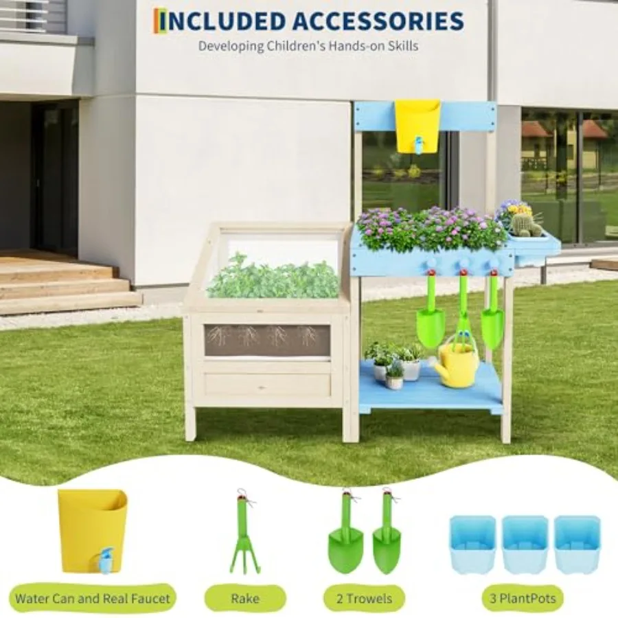 Outdoor Garden Potting Bench Table All-Weather Garden Table Work Station with Transparent Planter Box Raised Garden Bed 3 Side