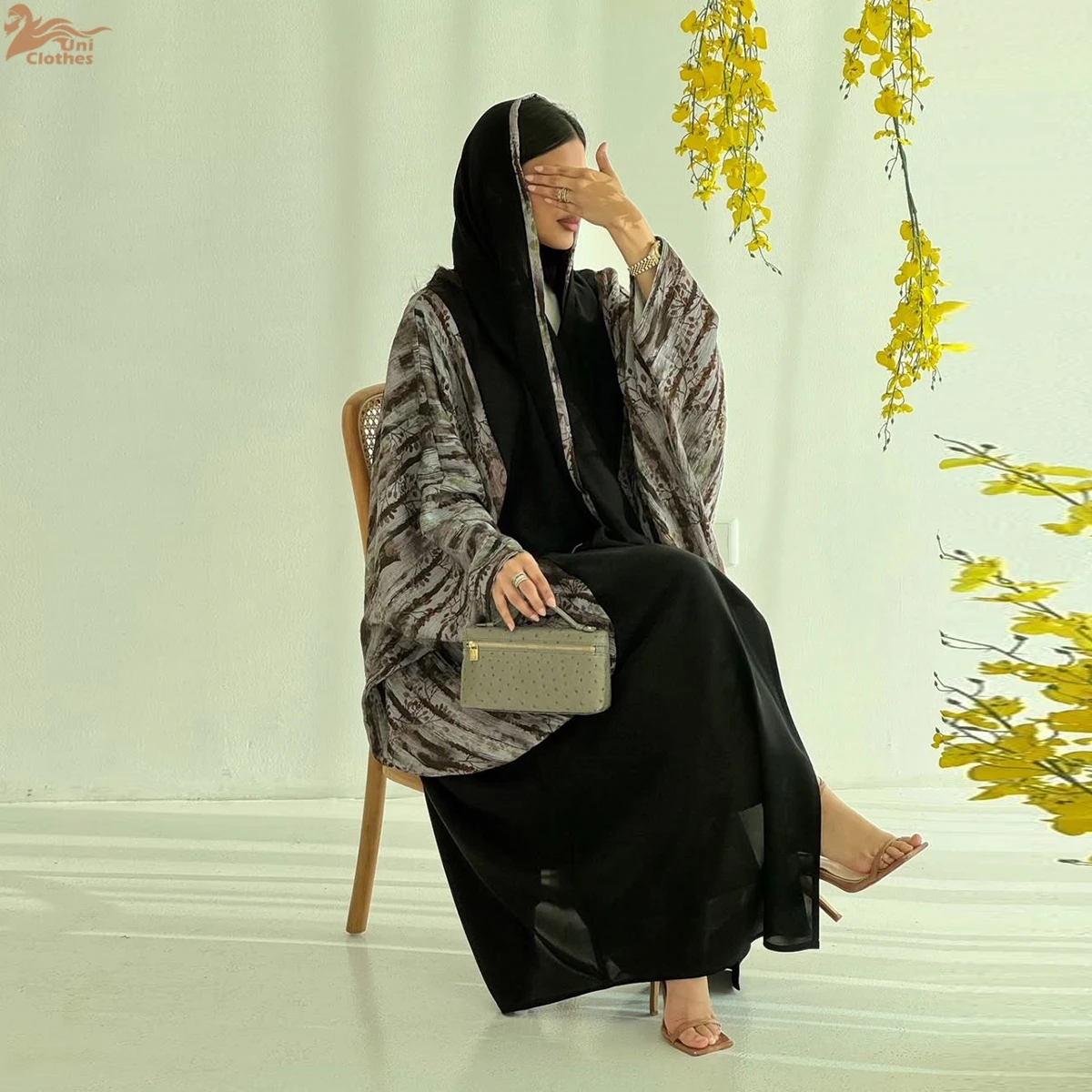 Uni nouveau musulman imprimé fleuri Dolman manches caftans Hijab inclus dubaï élégant décontracté ouvert Abayas Hijab vêtements femmes 2025