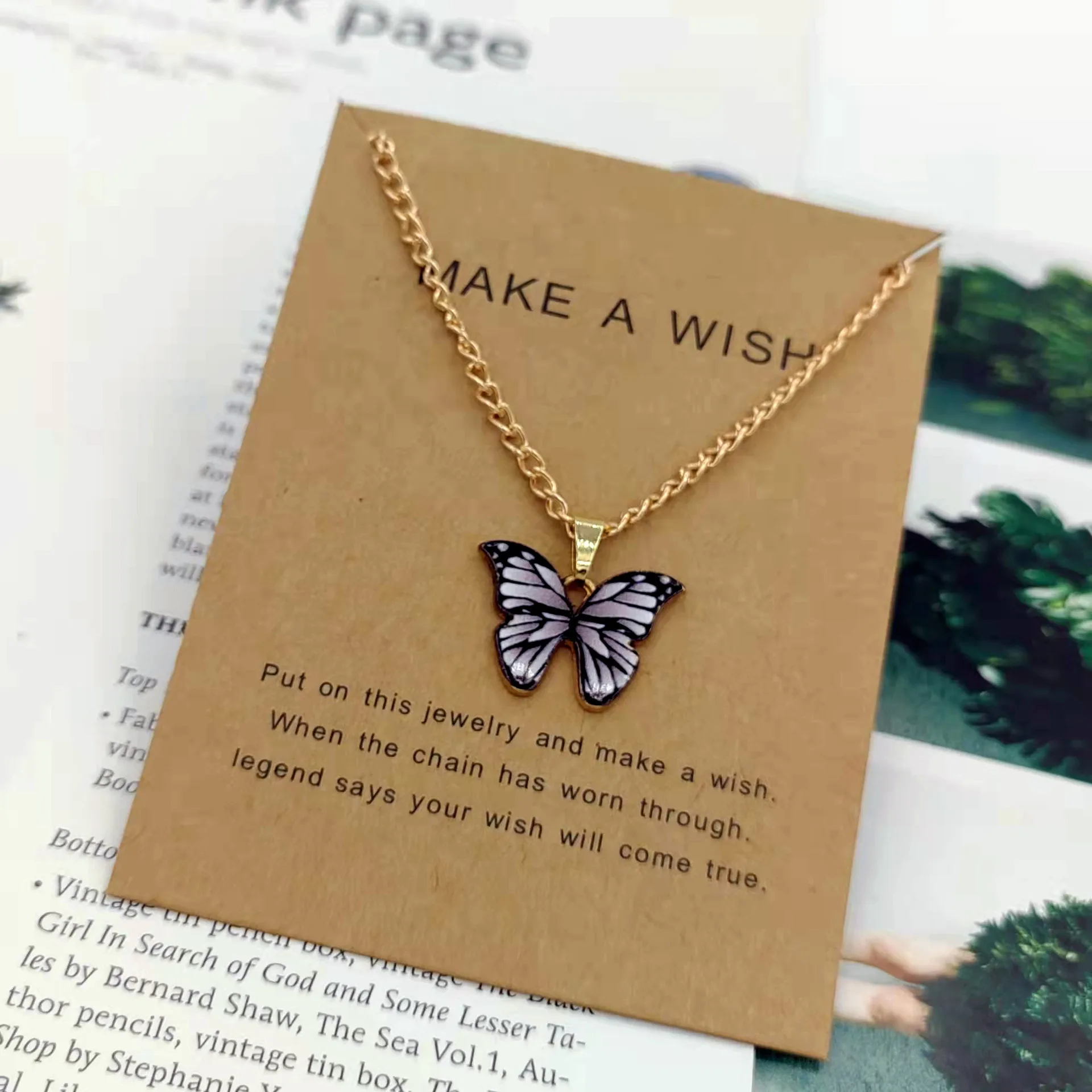 New Trendy Alloy Cute Pendant Necklaces Bohemian Elegant Butterfly Make A Wish Card for Women Fashion Jewelry Dropship