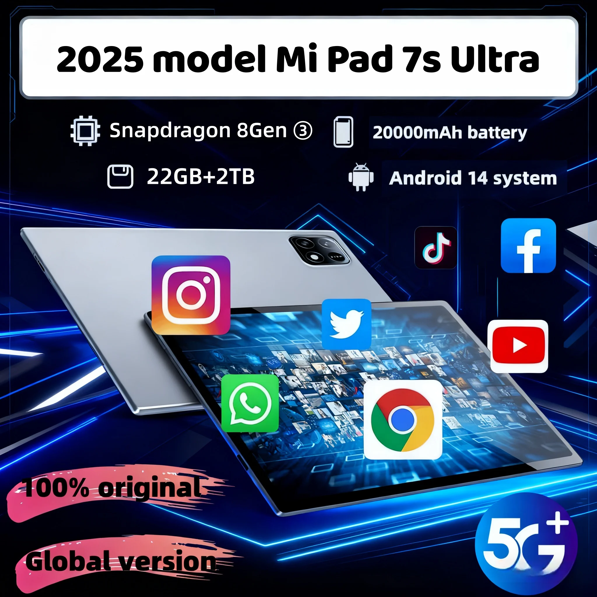 

New Original 2025 Pad 7S Pro Global Version Tablet Android 14 Snapdragon 8 Gen 3 22GB+2TB GPS 5G WiFi Dual SIM 4K HD Tablet PC