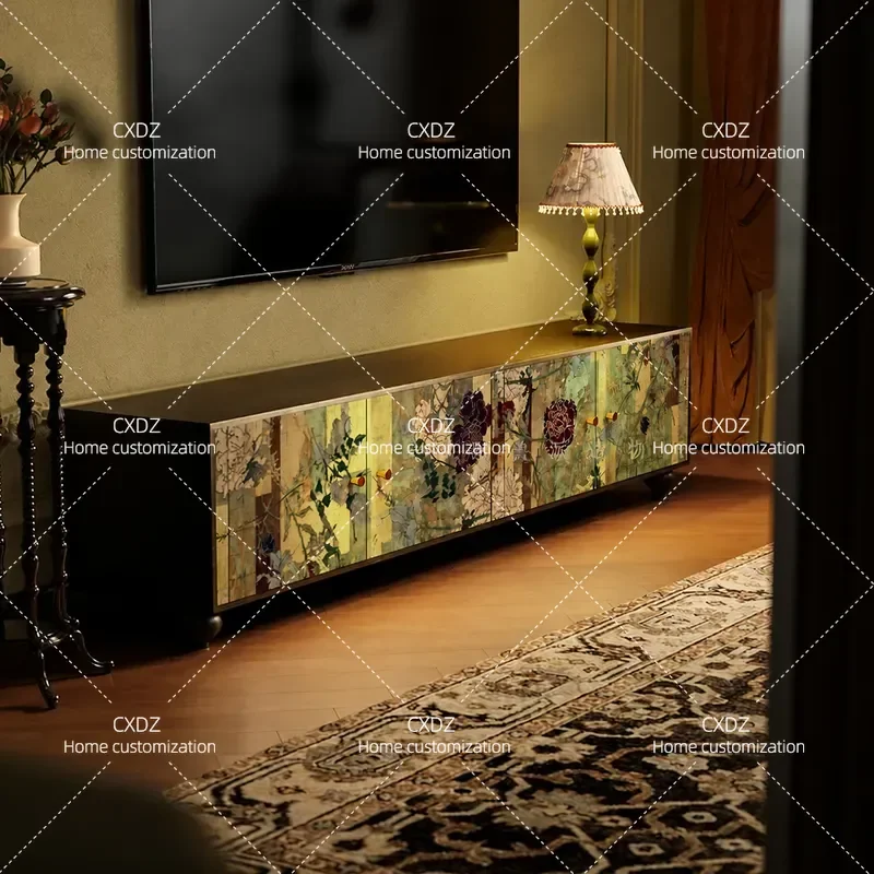 Solid Wood TV Cabinet with Floral Carving for Living Room Entrance Storage Decorative Vertical Console Table Media Stand