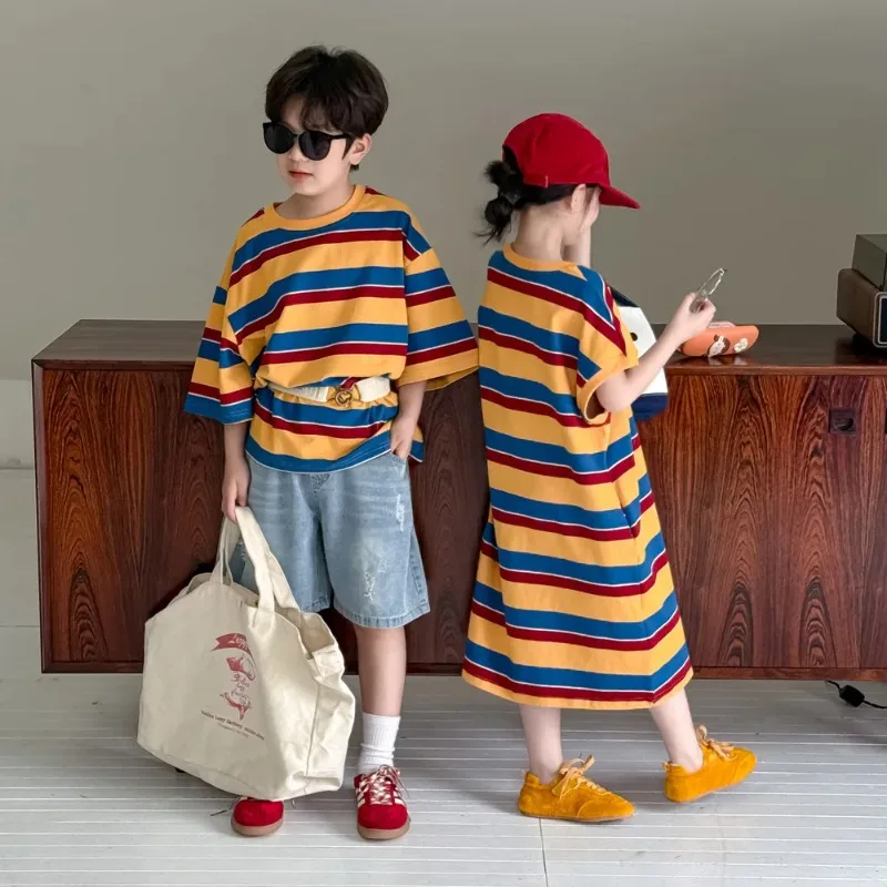

Children's T-shirt 2025 Summer Korean Color Wide Striped Short-sleeved Boy's T Shirt Or Loose Casual Girl's Dress