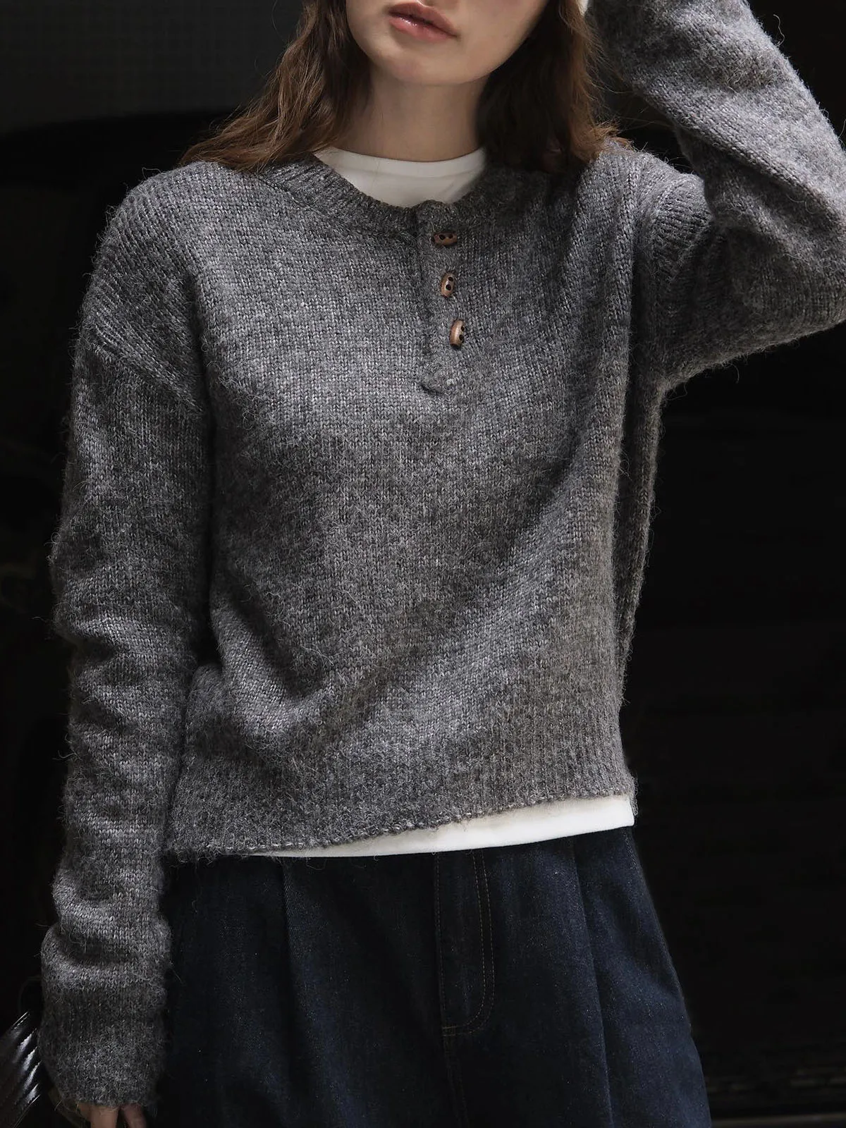 Crop Henley Sweater Wool Blend Boxy Loose Fit Jumper Women