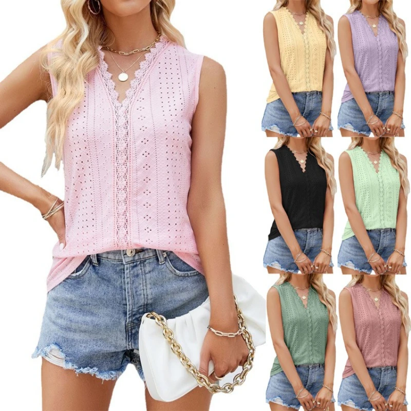 

Women's Tank Tops Sleeveless Patchwork Vest Hollow Out Eyelet Embroidery Lace V-Neck Loose Fit Casual Summer T-shirts
