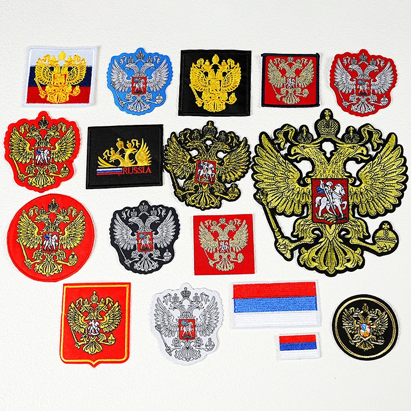 Russian GoldLine Eagle Embroidery Patch Eagle Flag Emblem Iron On Patch Hand sewn Weaving Mark Arm Badge Hat Clothing Label