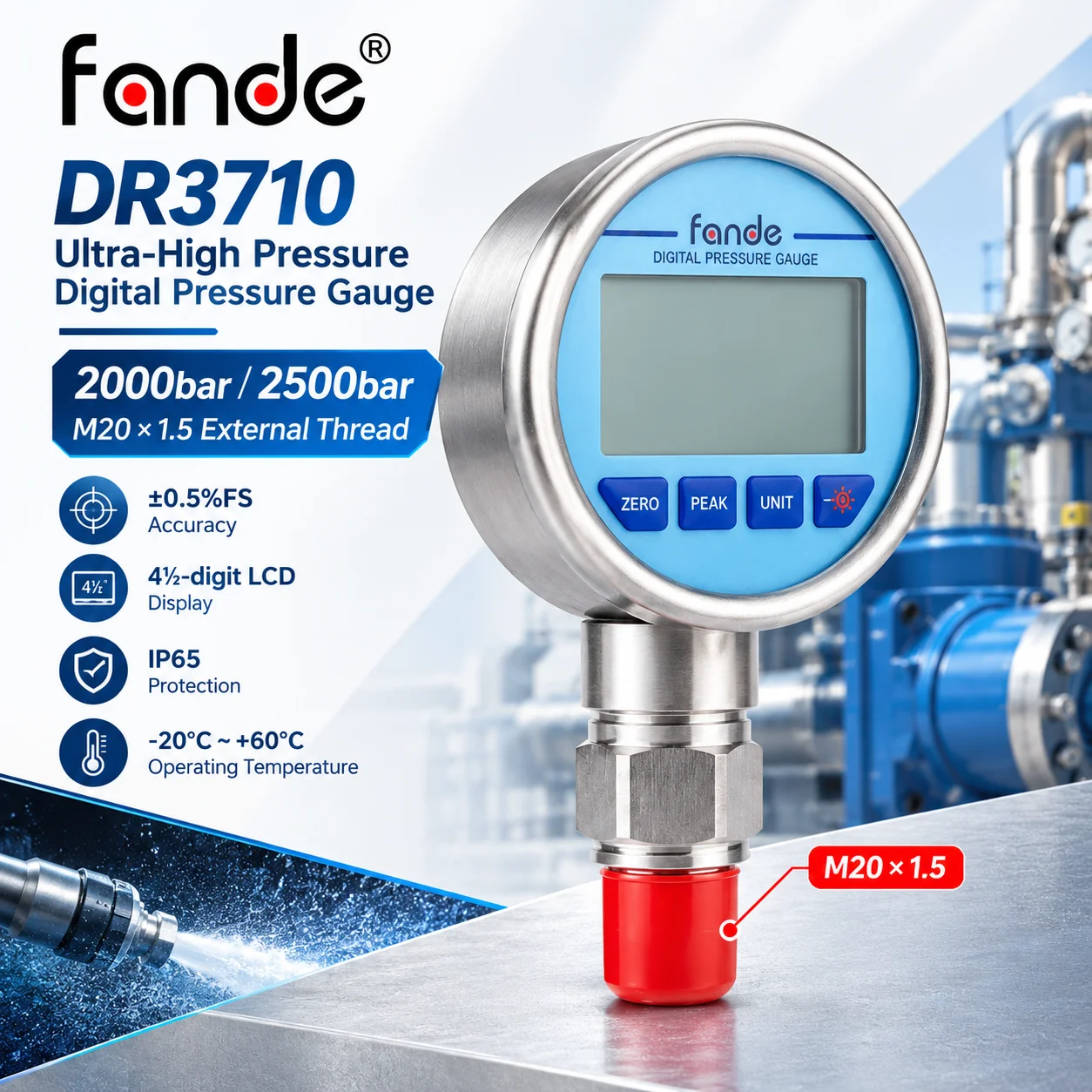 2000/2500 Bar Digital Pressure Meter M20×1.5 0.5%FS Accuracy Ultra High Pressure Hydraulic Testing 4½ Digit LCD