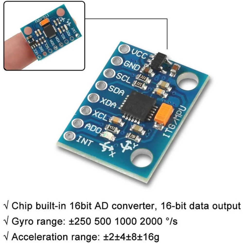 GY-521 MPU6050 6DOF Sensor Module, 3-Axis Accelerometer + 3-Axis Gyroscope with 16-Bit ADC I2C Output, Compatible with Arduino