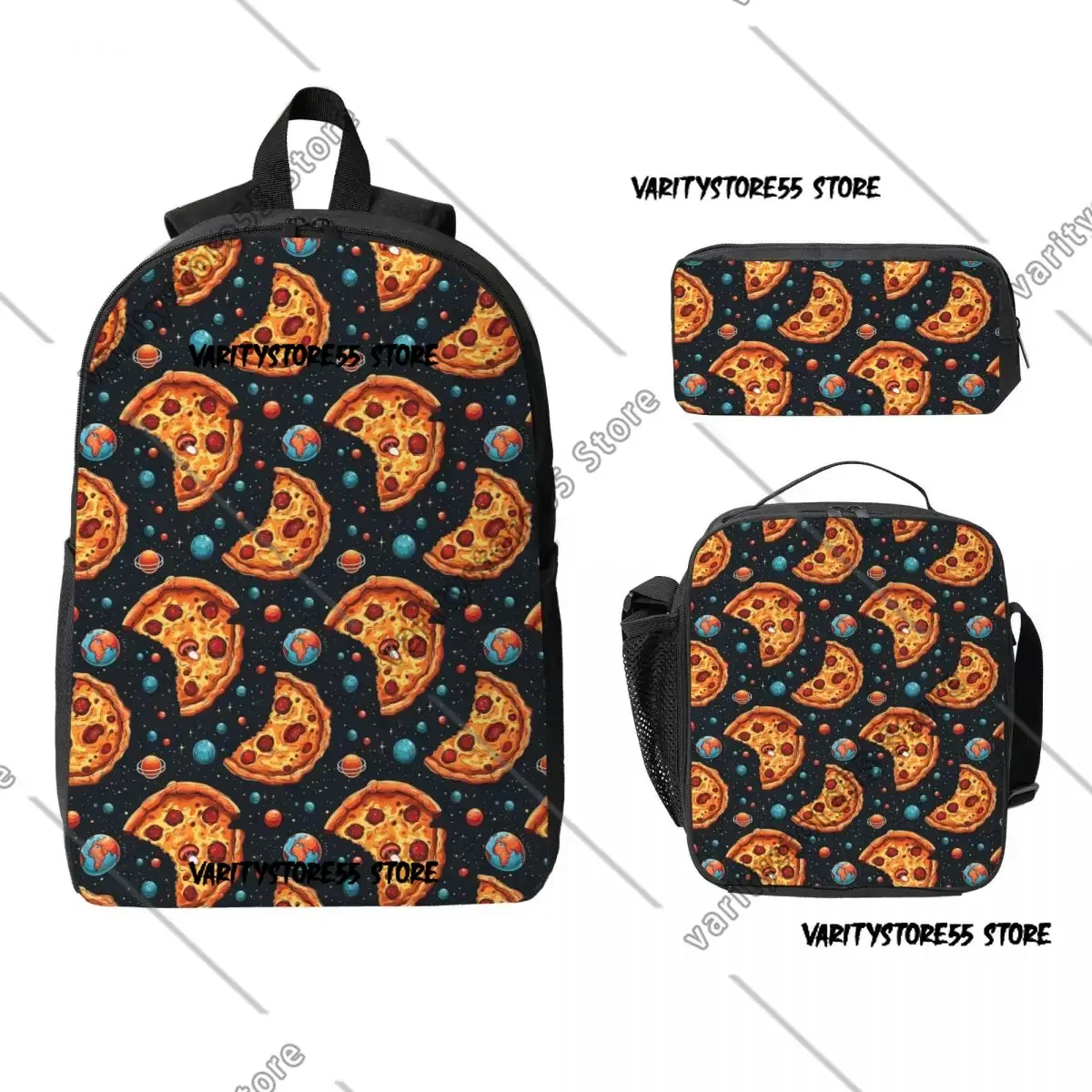 Pizza in Space Cosmic Foodie Design Whimsical Pizza Lover's Backpack BookBag School Bag 3ps Insulated Lunch Bag Pencil Case