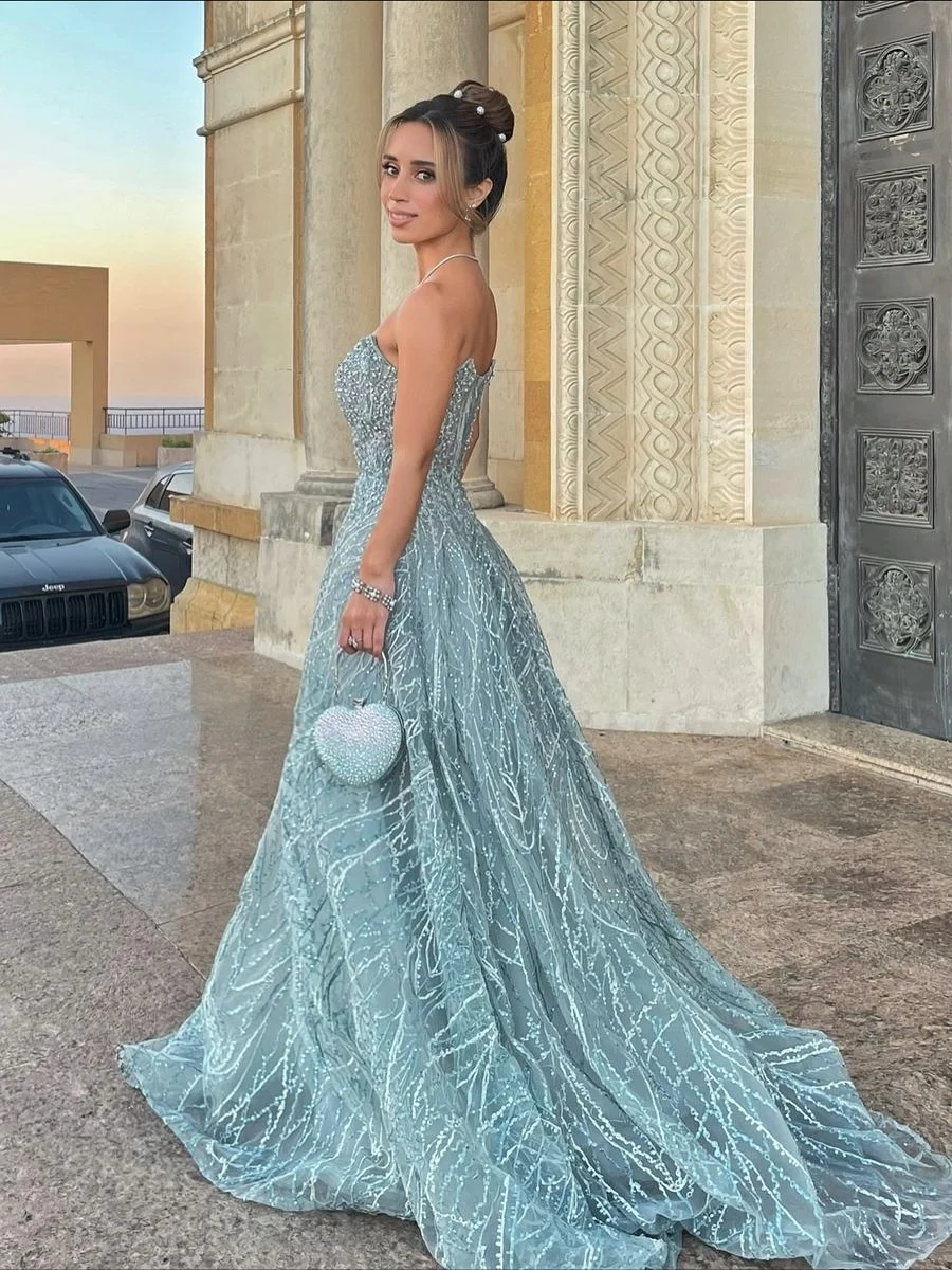 Luxe avondjurken Dubai Strapless Vintage Blauw Kant Formele gelegenheden Galajurken فستان Mohamed soi soi