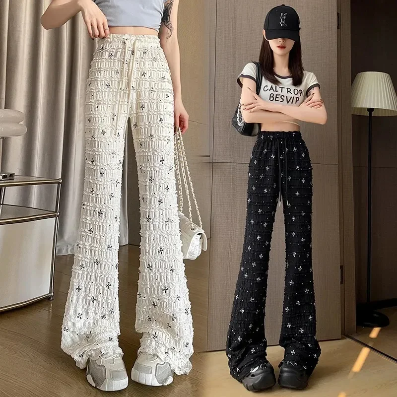 Spring Summer Lace Pants 2024 New Elastic High Waist Bow Print Micro-La Fashion Pants Women Black White Elastic Waist Trousers