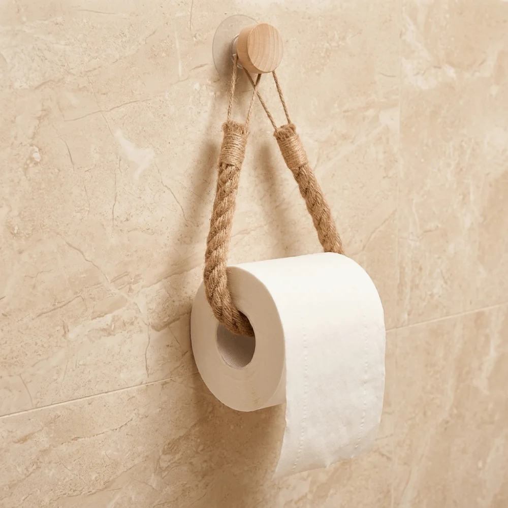 No-Drill Toilet Paper Wood Hook Natural Hand-Woven Jute Rope Tissue Holder Eco-Friendly Rustic