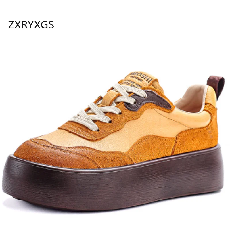 ZXRYXGS 2025 New Fashion Top Layer Cowhide Leather Sneakers Platform Shoes Women Elevator Sneakers Temperament Trendy Shoes