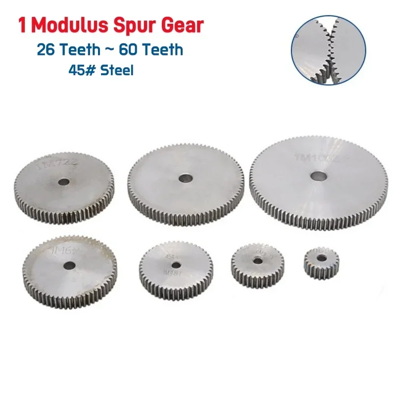 45# Steel Spur Gear 1 Modulus 26/27/28/29/30/31/32/35/36/40/45/50/60 T teeth, Metal Transmission Motor Gear