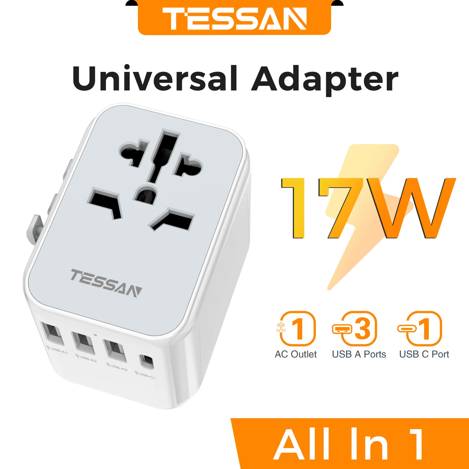 TESSAN 65W GaN universele reisadapter wereldwijd met USB en Type C snellaadstroomadapter EU/UK/USA/AUS-stekker voor reizen