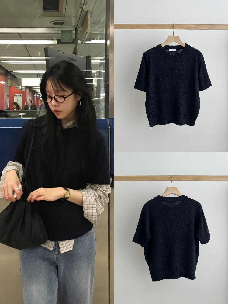 

Sle Ribbed round Ne Knitted Sweater Women's Loose Fit Slimming Overhead Top Vintage Faion ort Sve