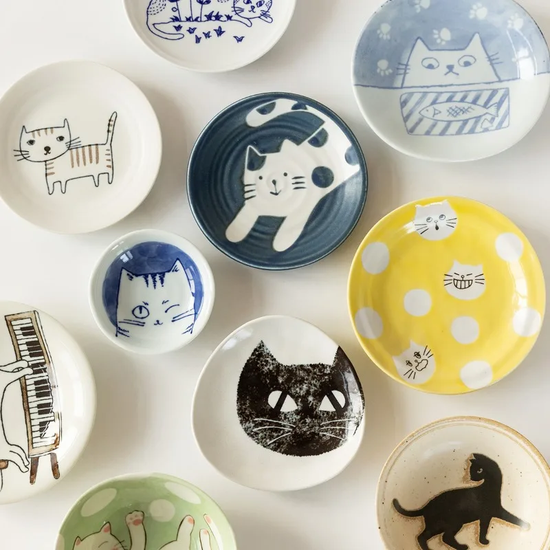 Japanese-Style Mino-yaki Underglaze Cartoon Cat Ceramic Plate Set, Dessert Dish, Snack Plate, Dinner Plate