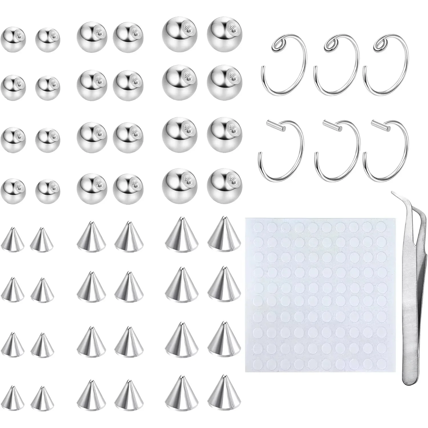 Drperfect Fake Eyebrow Ring Fake Lip Labret Studs Replacement Balls Spike 100Pcs Sticker Non-Piercing Nose Rings Body Jewelry