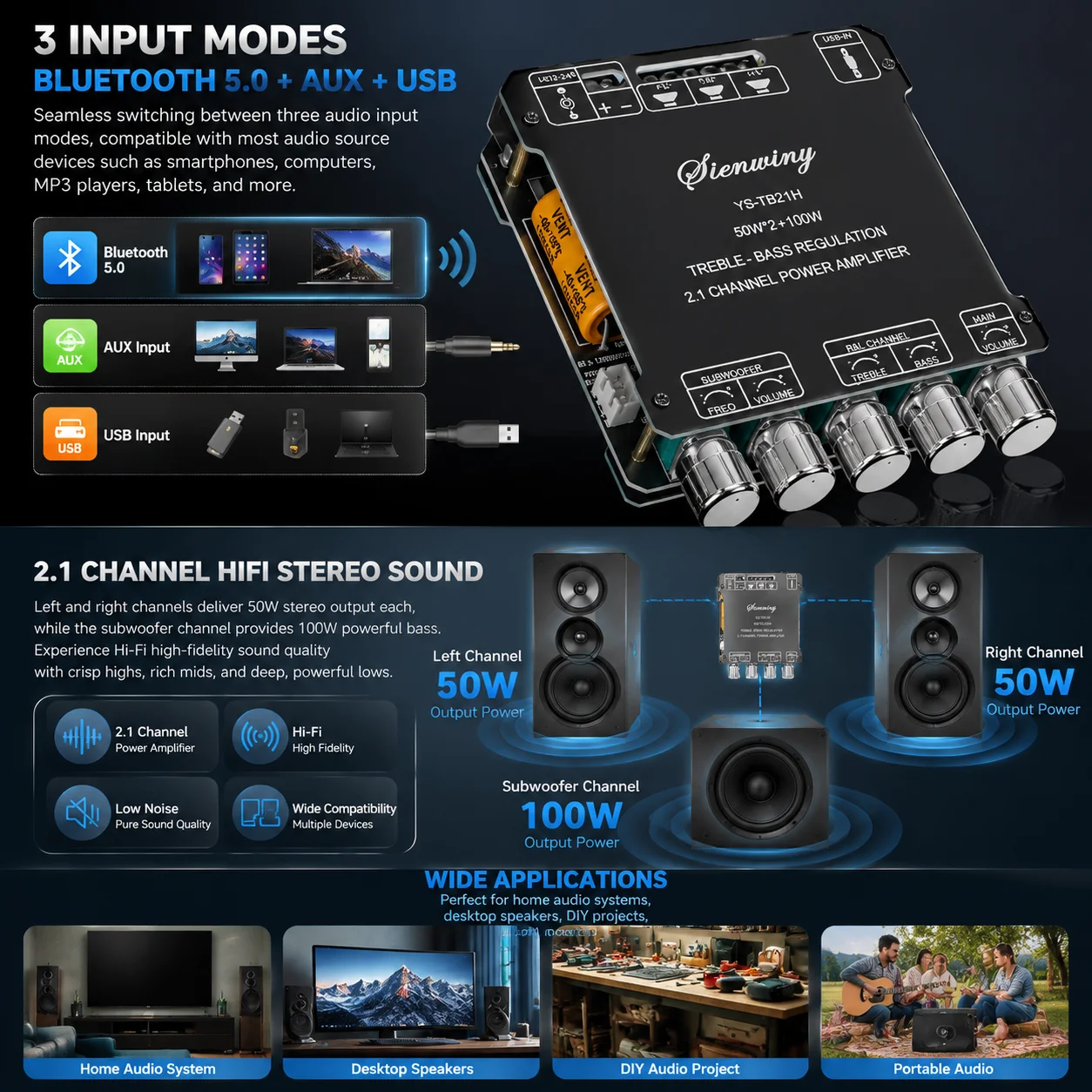 YS-TB21H 2.1CH Bluetooth Amplifier Board 200W Class D 50W*2+100W Subwoofer Bass Treble USB APP MIC KTV DC12-24V HiFi DIY Speaker