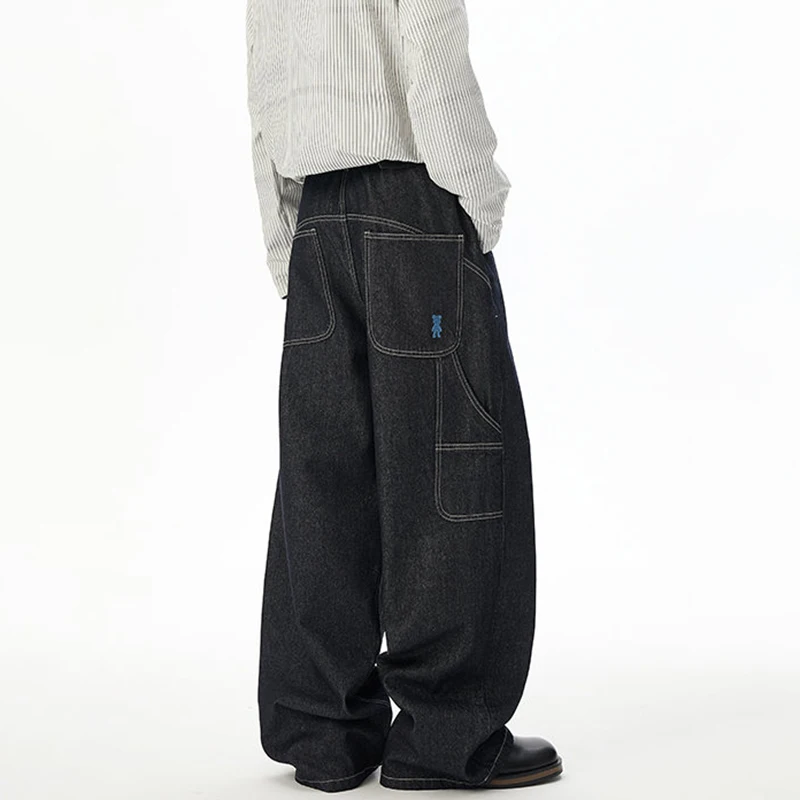 Celana Jeans Pria LUZHEN Model Lurus Longgar Warna Solid dengan Kantong Pinggir Bergaris, Desain Terbaru 2025, Original, Kaki Lebar JY4460