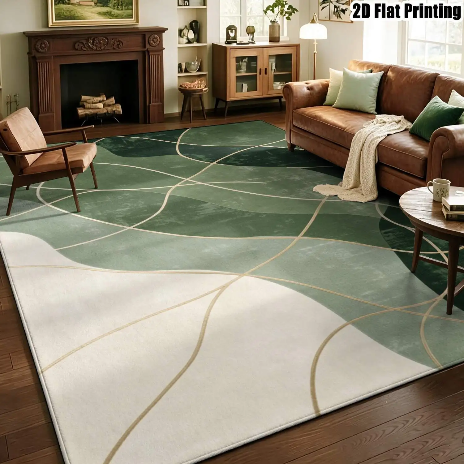 1Pc 2D Printed Carpet: Dark Green Contrast Lines & Abstract Patterns, Modern Simple Decor, Multi-Size, Machine Washable, Ideal for Multi-Scene Use