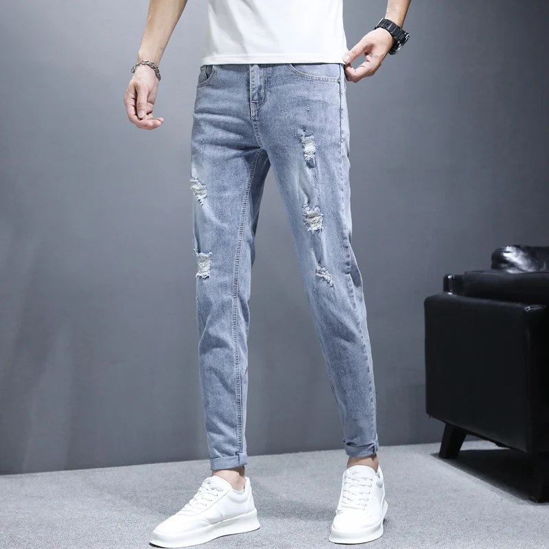 Men\'s Personalized Fashion Ripped Jeans Straight Slim Solid Color Spring Summer Denim Trousers High-Quality Brand Blue Jeans