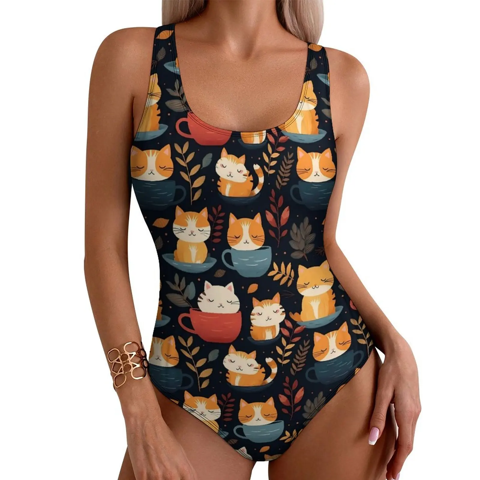 

Magic Cats In Mugs Swimsuit Sexy Cute Animal One Piece Swimwear Push Up Bodysuit Elegant Surfing Bathing Suit