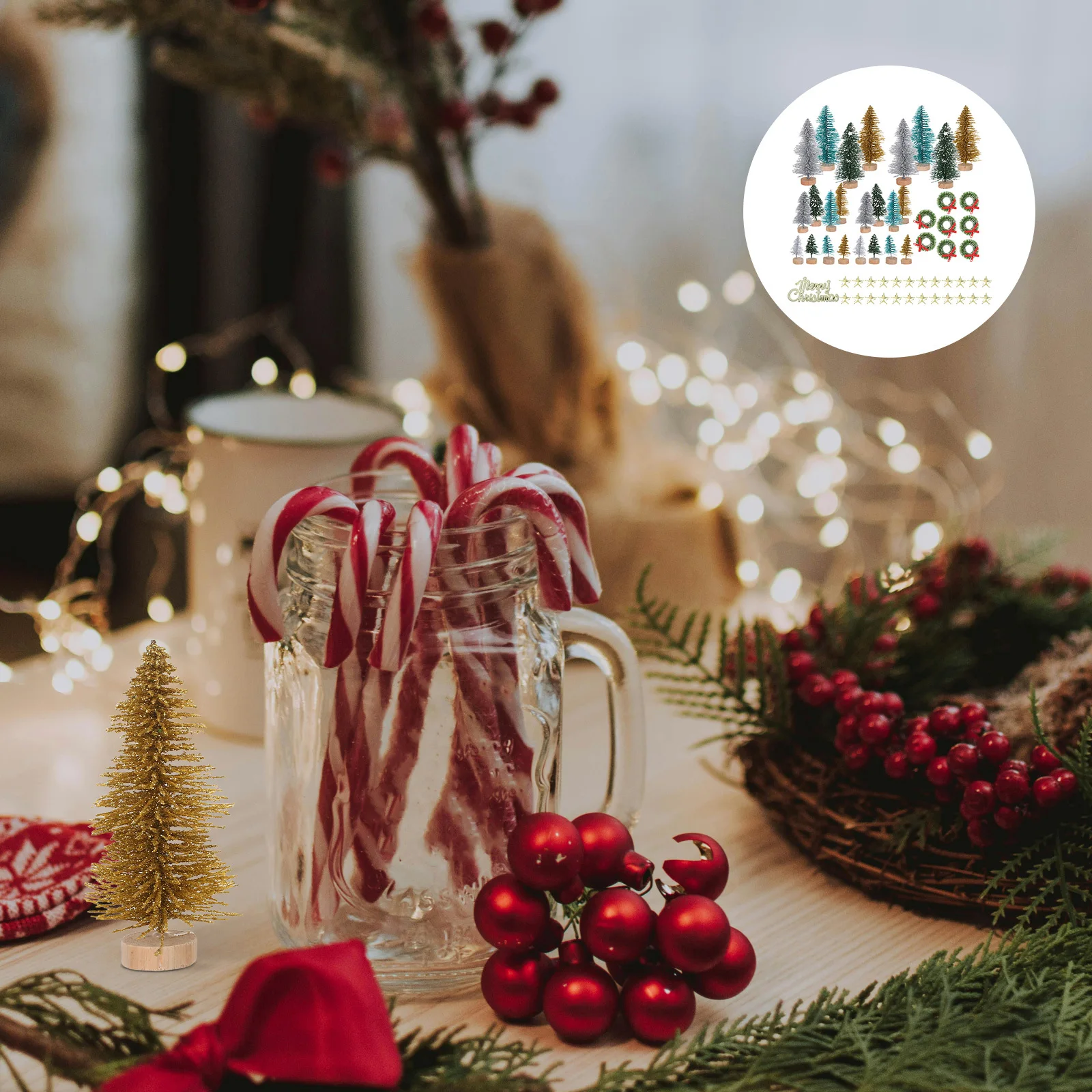 

1Set Tabletop Christmas Tree Set Mini Flocked Pine Trees with Wooden Base Winter Festive Decor for Small Apartments Party