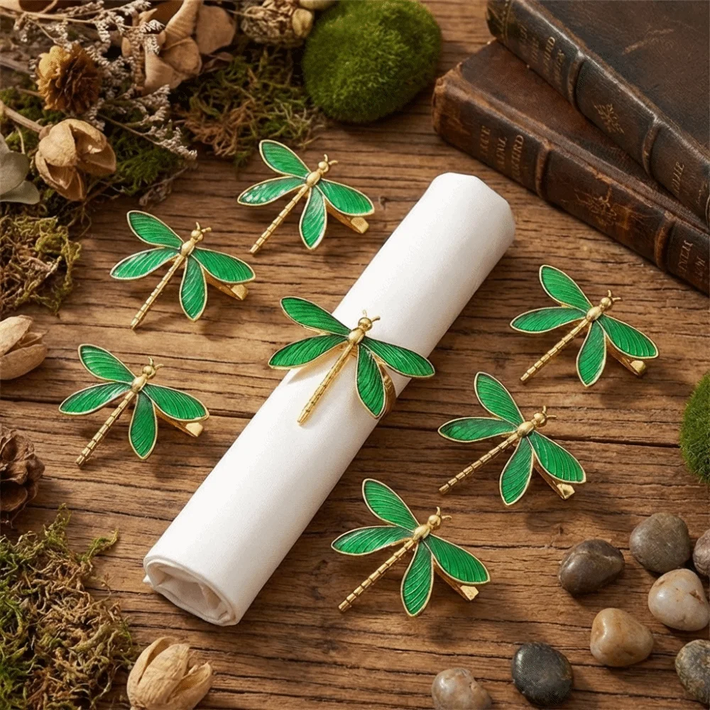 6PCS Creative Minimalist Dragonfly Napkin Ring Modern Metal Napkin Buckle Decorative Insect Napkin Holder Holiday Banquet