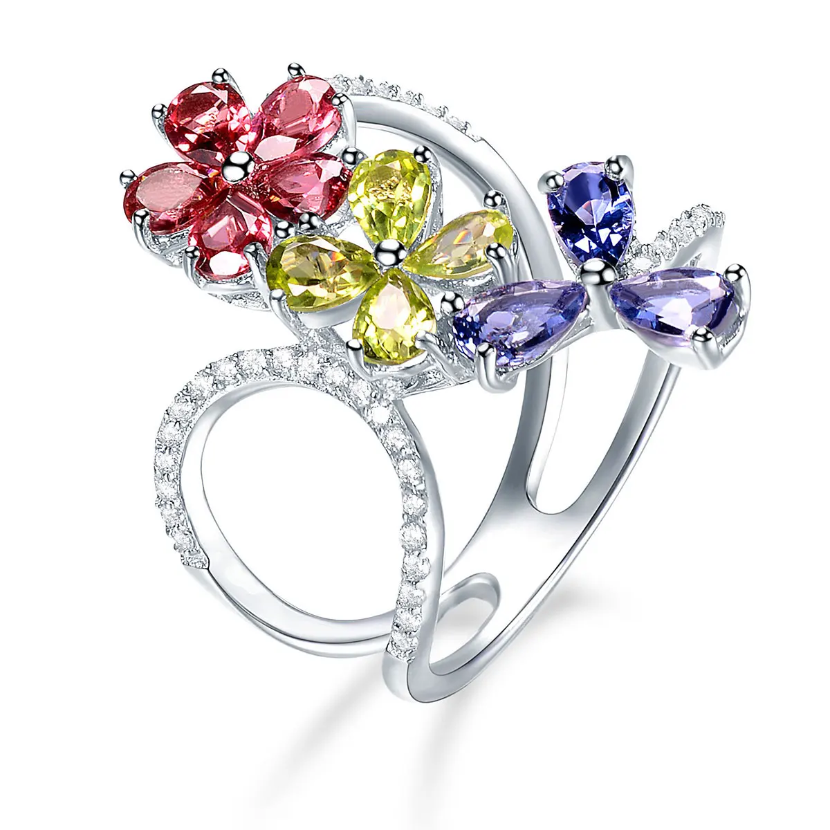 

Engagement Rings 2.51 Carats Natural Multi Gemstone Garnet Peridot 925 Sterling Silver Ring Flower Fine Jewelry Gift