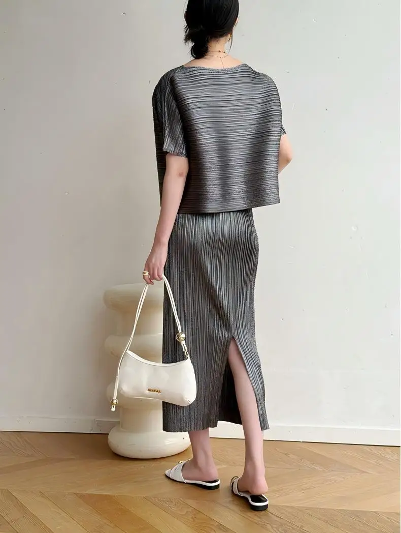 YUDX Miyake Pleated Solid Two Piece Set Short Sleeve Top & Midi Skirt Loose Fit Elegant Casual Office Wear Outfit for Women New
