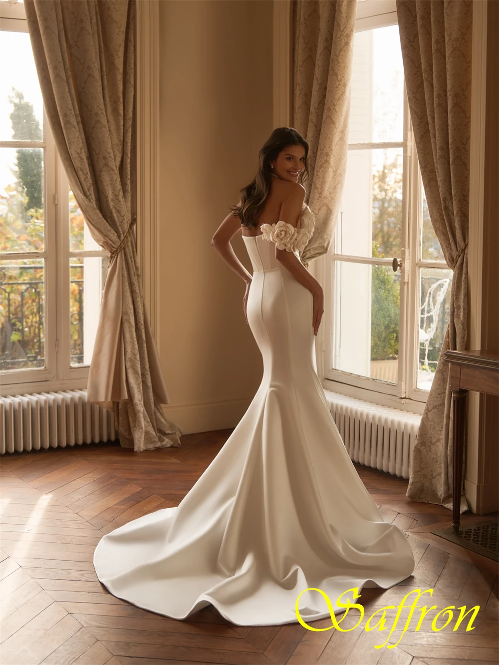 فستان سهرة رائع من الساتان بدون حمالات مخصص، فساتين زفاف حورية البحر رشيقة، فساتين مناسبة خاصة على شكل زهور