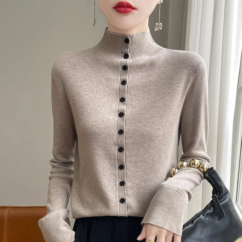 24 Early Autumn New Worsted Wool Single-Breasted Half-Height Cardigan Slimming Color All-Matching Women's Knitted